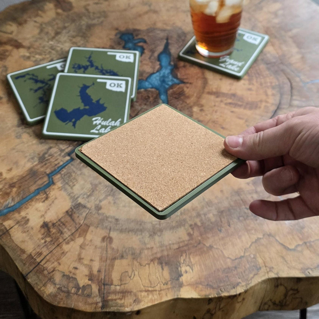 Oklahoma Lake Coasters | Set of 4 | Square or Round | Green or White | Cork Backing