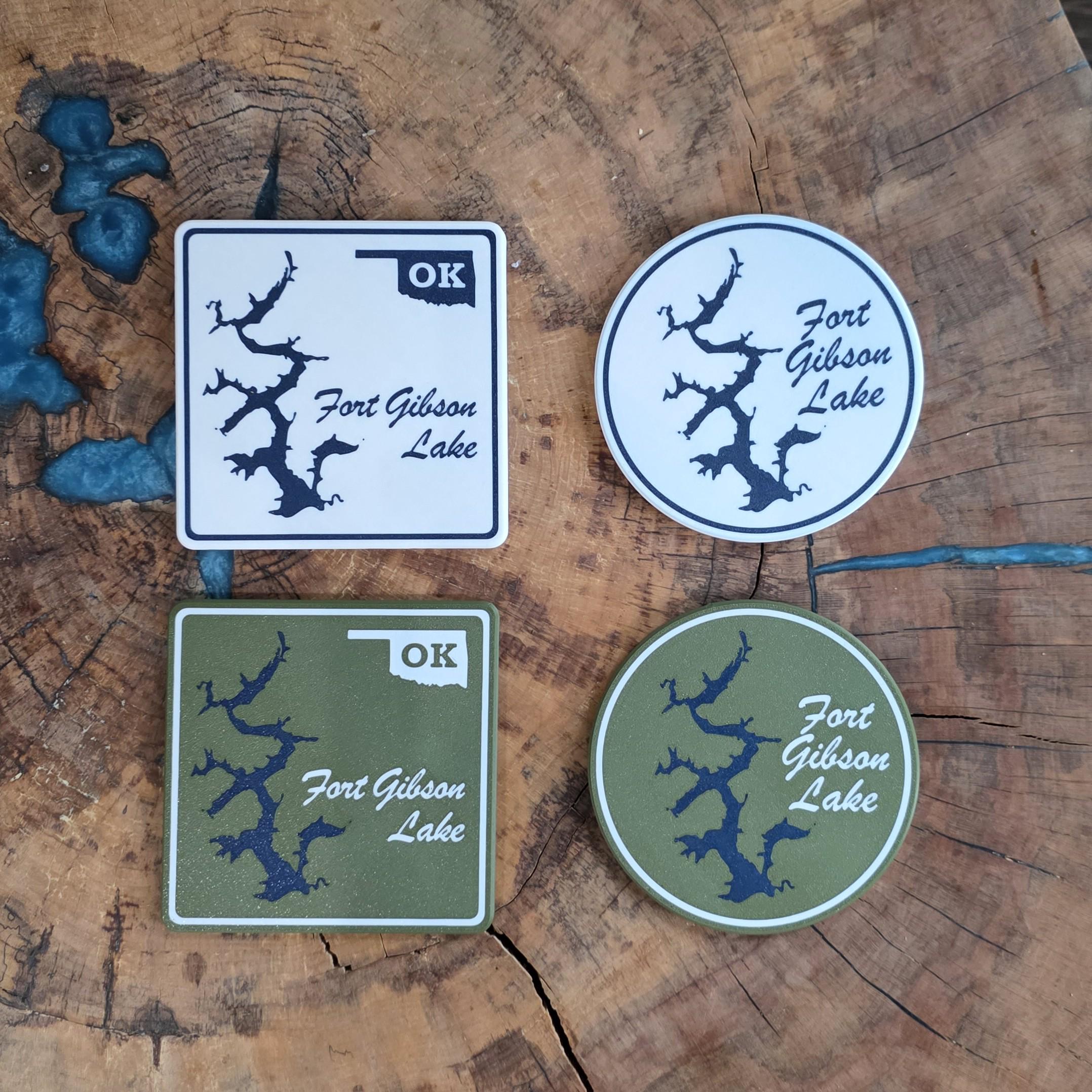 Oklahoma Lake Coasters | Set of 4 | Square or Round | Green or White | Cork Backing