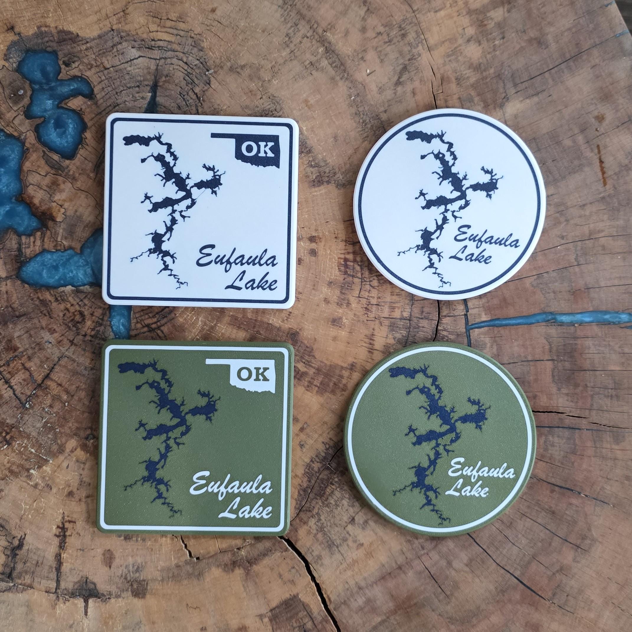 Oklahoma Lake Coasters | Set of 4 | Square or Round | Green or White | Cork Backing