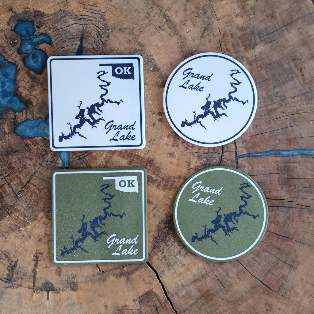 Oklahoma Lake Coasters | Set of 4 | Square or Round | Green or White | Cork Backing
