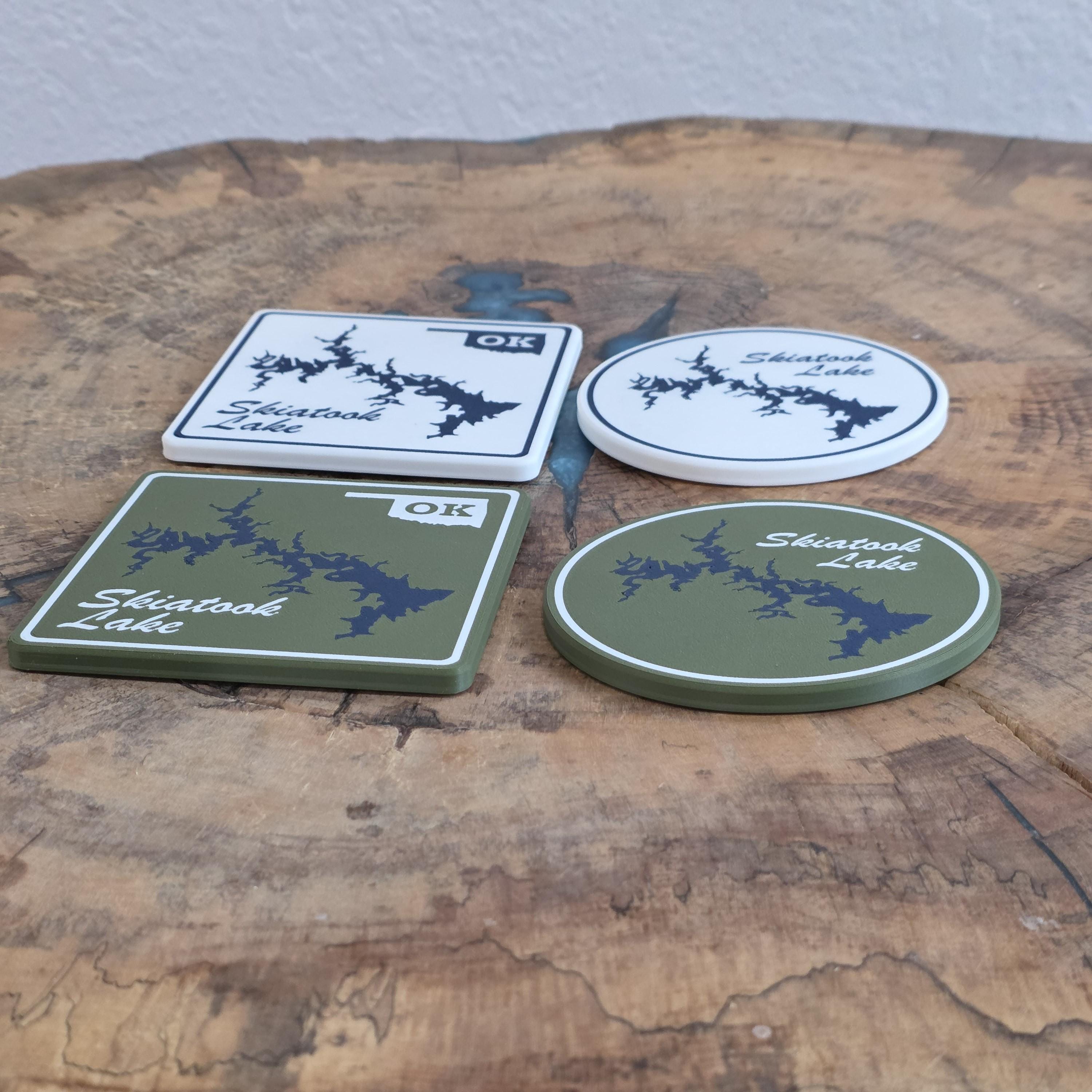 Oklahoma Lake Coasters | Set of 4 | Square or Round | Green or White | Cork Backing
