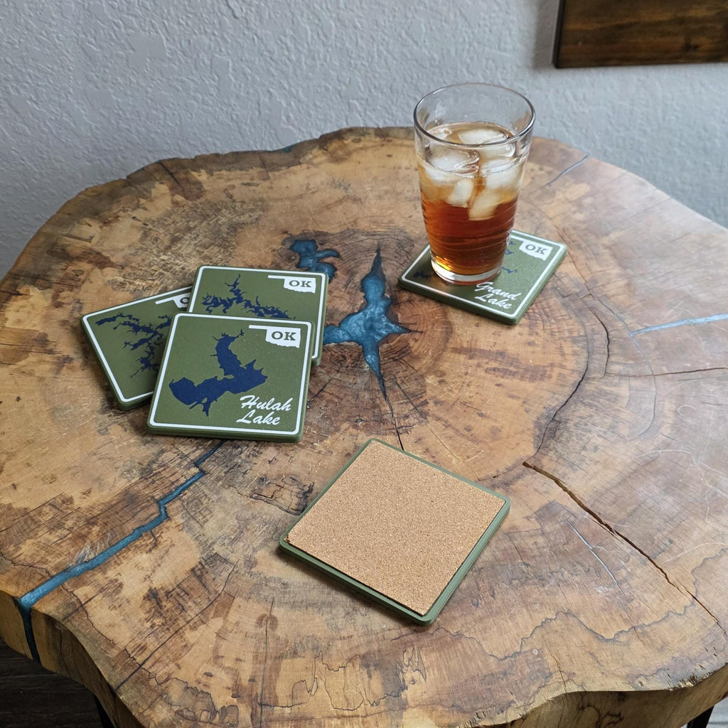 Oklahoma Lake Coasters | Set of 4 | Square or Round | Green or White | Cork Backing