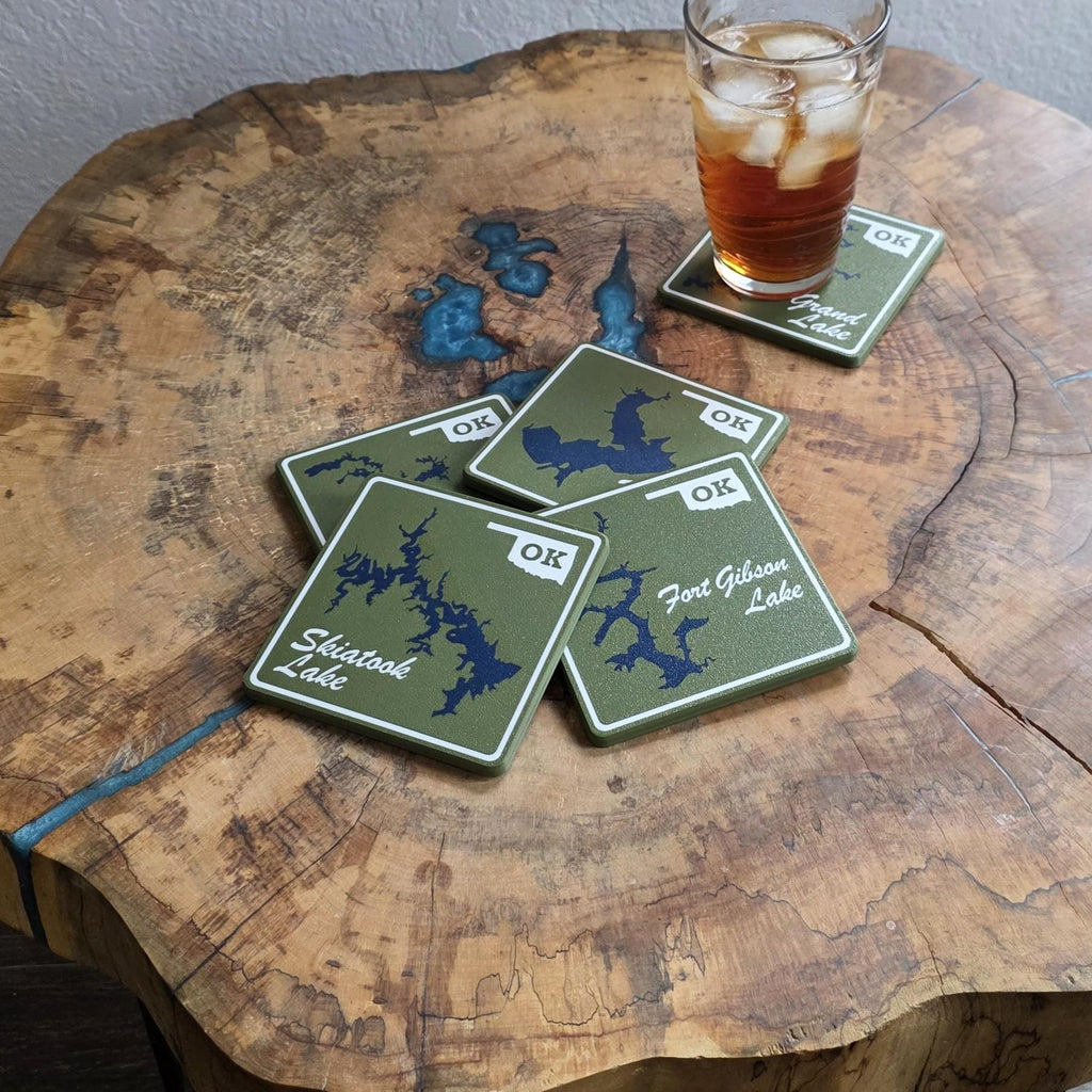 Oklahoma Lake Coasters | Set of 4 | Square or Round | Green or White | Cork Backing