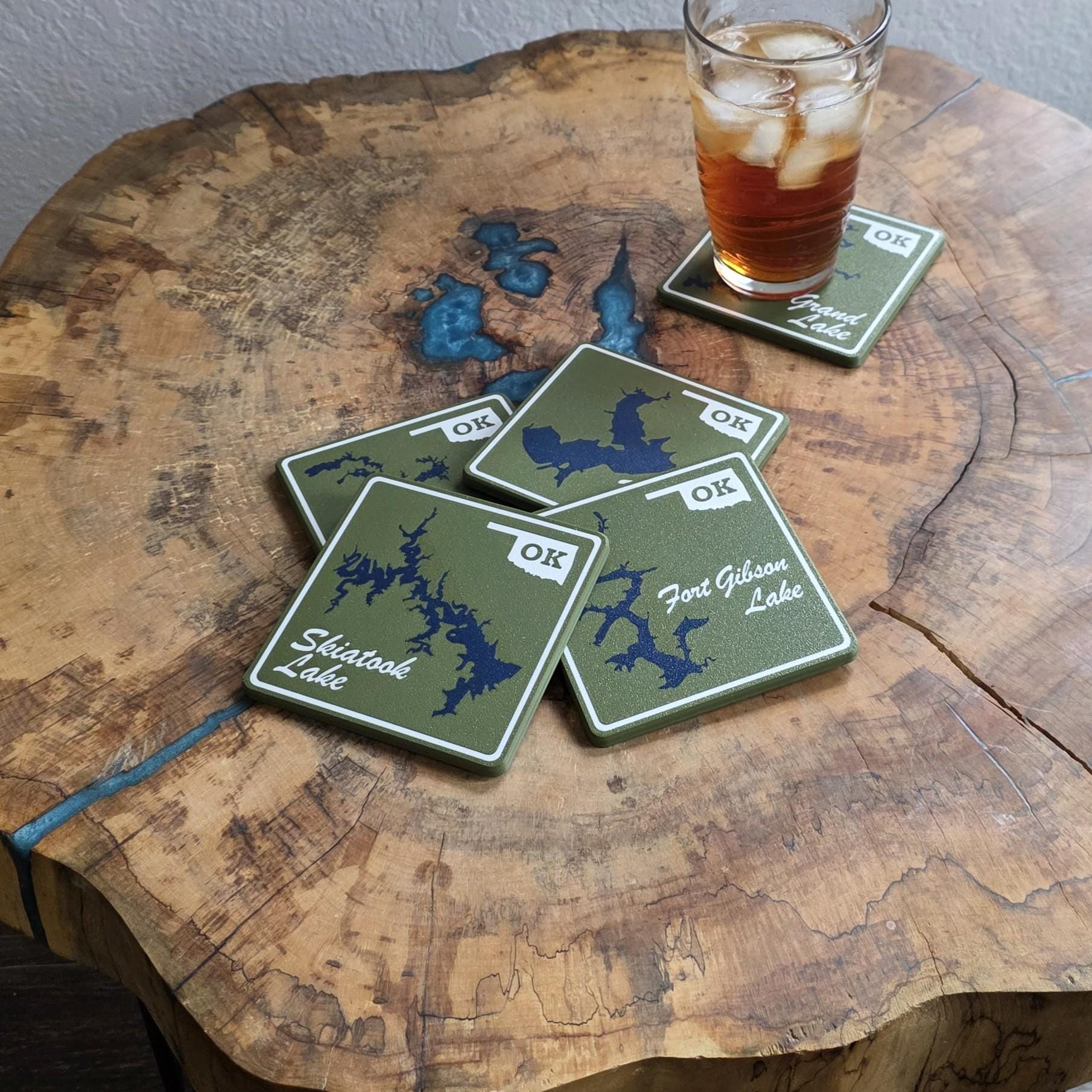Oklahoma Lake Coasters | Set of 4 | Square or Round | Green or White | Cork Backing