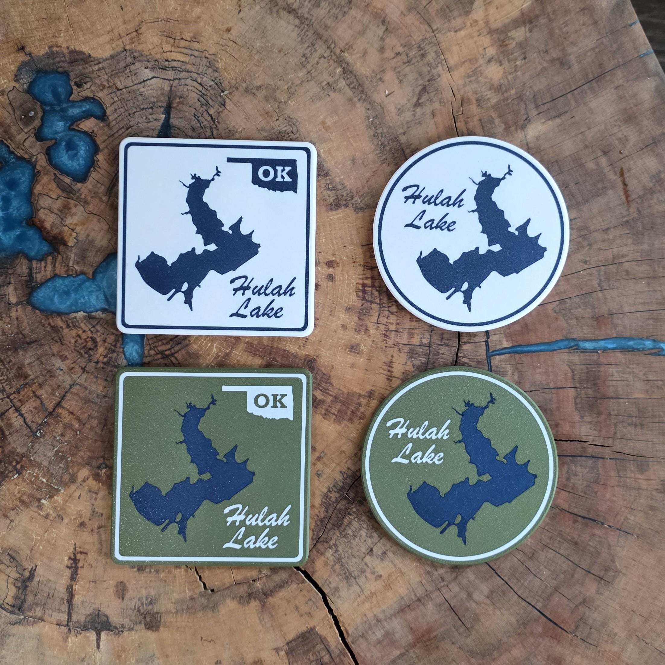 Oklahoma Lake Coasters | Set of 4 | Square or Round | Green or White | Cork Backing